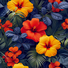 Fototapeta premium Tropical rainforest leaves and flowers as background, ai generated