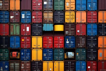 Fototapeta premium Container Citadel, Stacked like bricks, the containers form a formidable wall, showcasing the strength and unity in the architecture of this industrial fortress. Generative AI.
