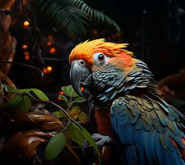 A bright, colorful photograph of a dragon parrot against a jungle background. Wildlife and animals concept. Selective focus.