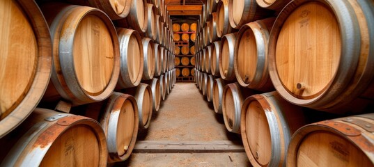 Modern wine cellar with wooden barrels  winery industry environment background for wine production