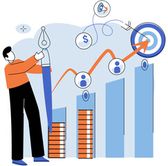 Business development. Vector illustration. Banking technology streamlines financial transactions for convenience Marketing strategies adapt to evolving consumer preferences Strong management resolves