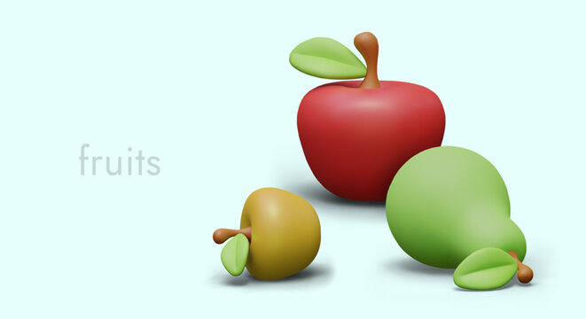 Vector apples and pear in plasticine style. 3D composition on colored background