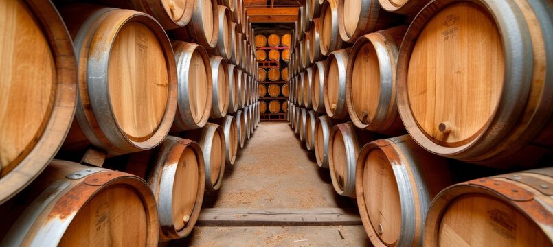 Modern wine cellar with wooden barrels  winery industry environment background for wine production