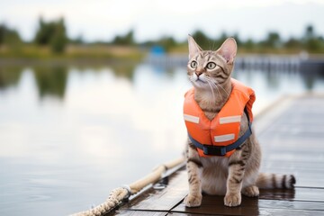 cat in a life vest, sitting on a dock with water around