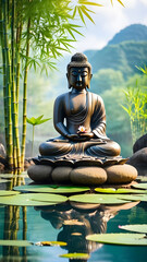 buddha statue on a rock lakeside natural spa background with Asian spirit tranquility in green nature