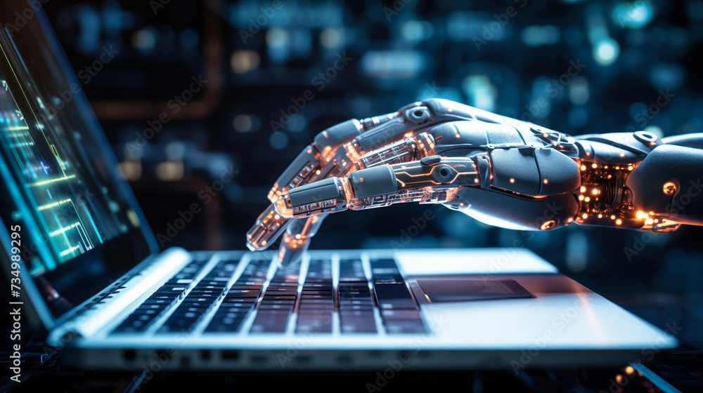 Poster cybernetic robotic hand interacting with a laptop keyboard, depicting advanced ai technology and aut