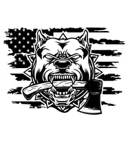 US Flag Pitbull Biting Axe Lumberjack svg | Wild Animal Clipart | Beast Dog Lover Gifts Stencil | Lumber Monogram Cut File | Bully Puppy