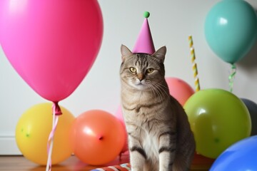 cat with pink party hat sitting beside colorful balloons