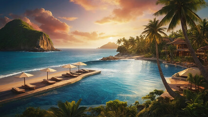 Outdoor luxury sunset over infinity pool swimming summer beachfront hotel resort, tropical...
