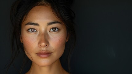 Fototapeta premium Portrait of young attractive Asian lady with natural make up looking at camera. Brunette model against black background.