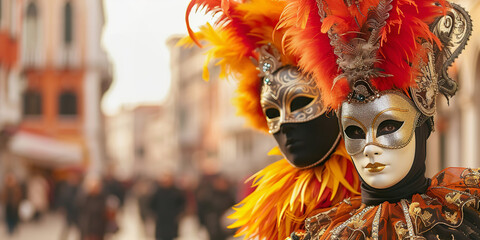 Mysterious Couple in Venetian Carnival Costumes and Masks