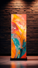 An energetic abstract masterpiece with pastel whirls, set in a sleek gallery, inspires a sense of...