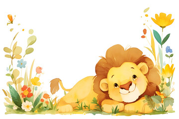 Obraz na płótnie Canvas Cute cartoon lion frame border on background in watercolor style.