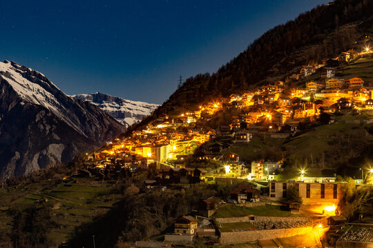 Swiss village in the Alps at night