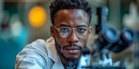 A confident, handsome black scientist in a lab coat with a microscope, exuding modern professionalism.