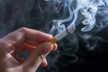 hand holding a lit cigarette with smoke curling upwards - obrazy, fototapety, plakaty
