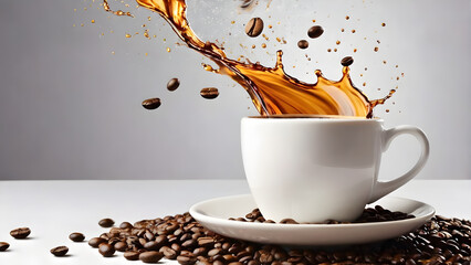 cup of coffee with splashes and coffee beans flying in the air on light brown background 