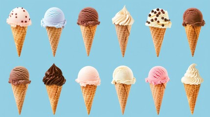 Assorted Ice Cream Cones on Blue Background