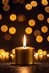 background with a burning candle and bokeh lights in golden colors, representing a festive concept with copy space