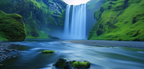 A long exposure captures the sheer power and beauty of Skogafoss waterfall, as its thundering waters plunge into a crystal-clear pool below, surrounded by moss-covered rocks and lush greenery. - obrazy, fototapety, plakaty