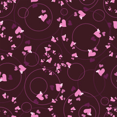 Heart background. Valentines Day, Womens Day, Mothers Day. Gift pattern for textiles, packaging with hearts, circles on burgundy background. Seamless pattern, lovely romantic background. Vector