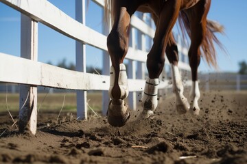 close view of horses hooves clearing a white fence - obrazy, fototapety, plakaty