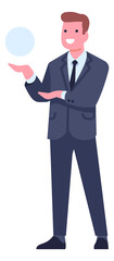 Businessman character. Man in suit hold on hand and looking at something