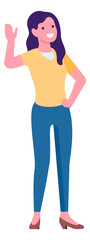 Smiling woman waving hand. Cartoon female character