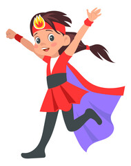 Happy superhero girl character. Active kid in costume