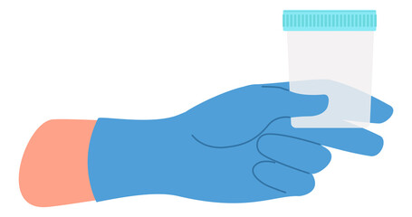 Medical worker hand hold plastic cup. Sample testing