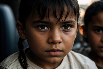 Close-up of sad Arab children in dirty clothes. Portrait of Syrian children. - obrazy, fototapety, plakaty