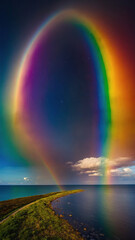 Panorama of a big summer field shined with the sun, with clouds and rainbow in the sky on background