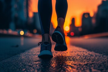 joggers feet on city road at dawn