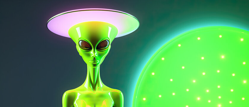 A fictional green alien in an electric blue jacket, looking at the camera.