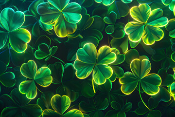 Neon light with clover leave. Saint Patrick's day background.