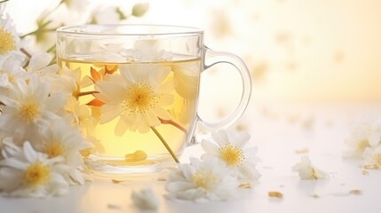 Obraz na płótnie Canvas Hot chamomile tea in glass cups on the table. A healthy hot drink. Alternative medicine. A decoction of herbs.