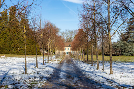 Shown avenue with mansion on the end in Prevessin-Moens park, France 