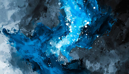 blue and white black paint on a black surface in an abstract painting, splash, modern art,acrylic...