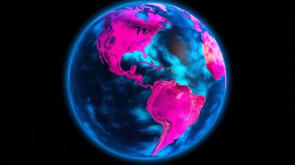 Beautiful planet Earth in neon blue and pink on a black background.
