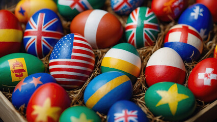 Fototapeta na wymiar Easter eggs painted in the form of flags of different countries. Concept.