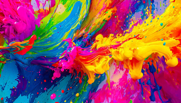 Colourful paint splash, modern art, colors, green, red, yellow, blue, rainbow, acrylic paint, modern art, background, copy space, backdrop, fill, texture