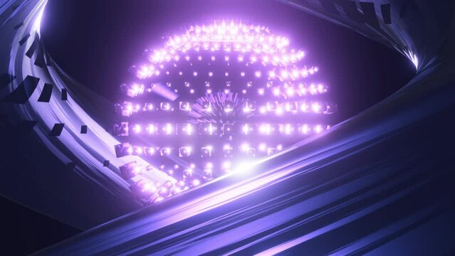 Psychedelic abstract bright disco ball seamless loop. Glowing purple color. Seamless loop background. Dance party. 3d render for music performance. Seamless VJ loop animation