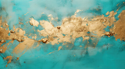 Abstract grunge textured background with gold and turquoise stains. Green blue and golden backdrop....