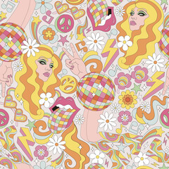 Obraz na płótnie Canvas Groovy disco 1970s woman head portrait with long curly hair style female legs in sexy platform shoes vector seamless pattern. Retro hippie 60s 70s 80s party disco ball mouth with tongue out hand