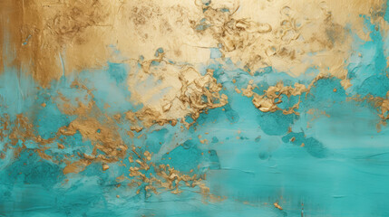Abstract moden background in turquoise and golden color. Grunge textured backdrop with gold and turquoise stains. Green blue and golden colour background. Modern acrylic art