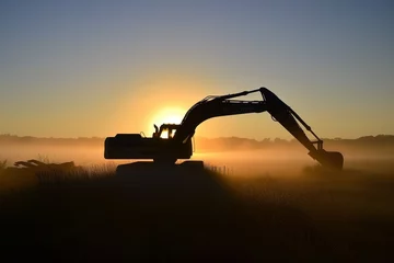 Fotobehang silhouette of excavator at sunrise on a misty meadow © primopiano