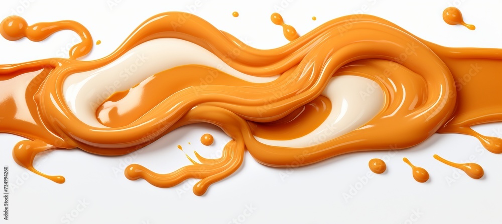 Poster creamy caramel sauce splashing and spreading on a white isolated background with copy space