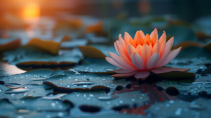 Lotus flower glowing orange and pink hues, resting on calm waters with droplets and fallen leaves...