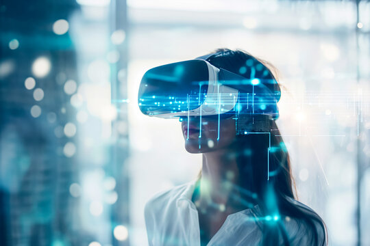 A woman immersed in a virtual reality experience, wearing a VR headset with glowing blue digital overlays and light particles, symbolizing high-tech, futuristic interaction.