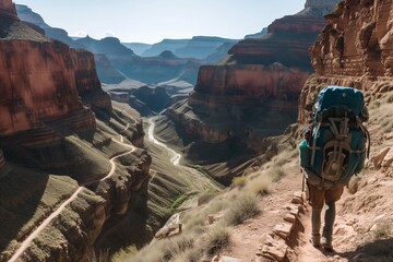 backpacker at a canyon edge, path disappears into the abyss - obrazy, fototapety, plakaty